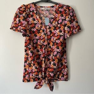 NWT Loft Floral Textured Button Tie Front Top